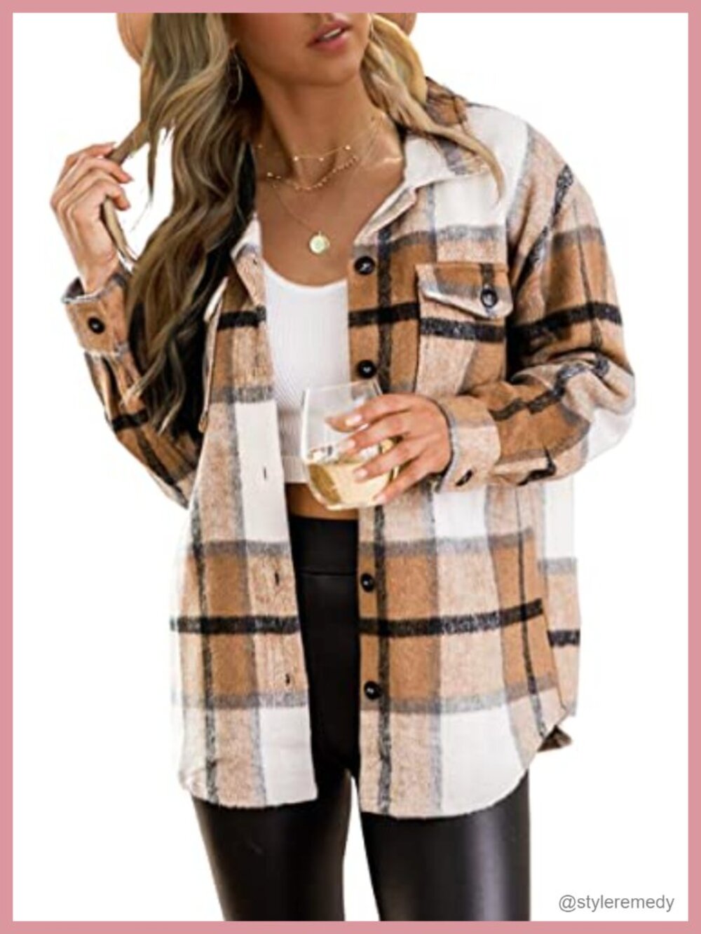 Plaid Button Down Shacket Fuzzy Midweight Collared Casual